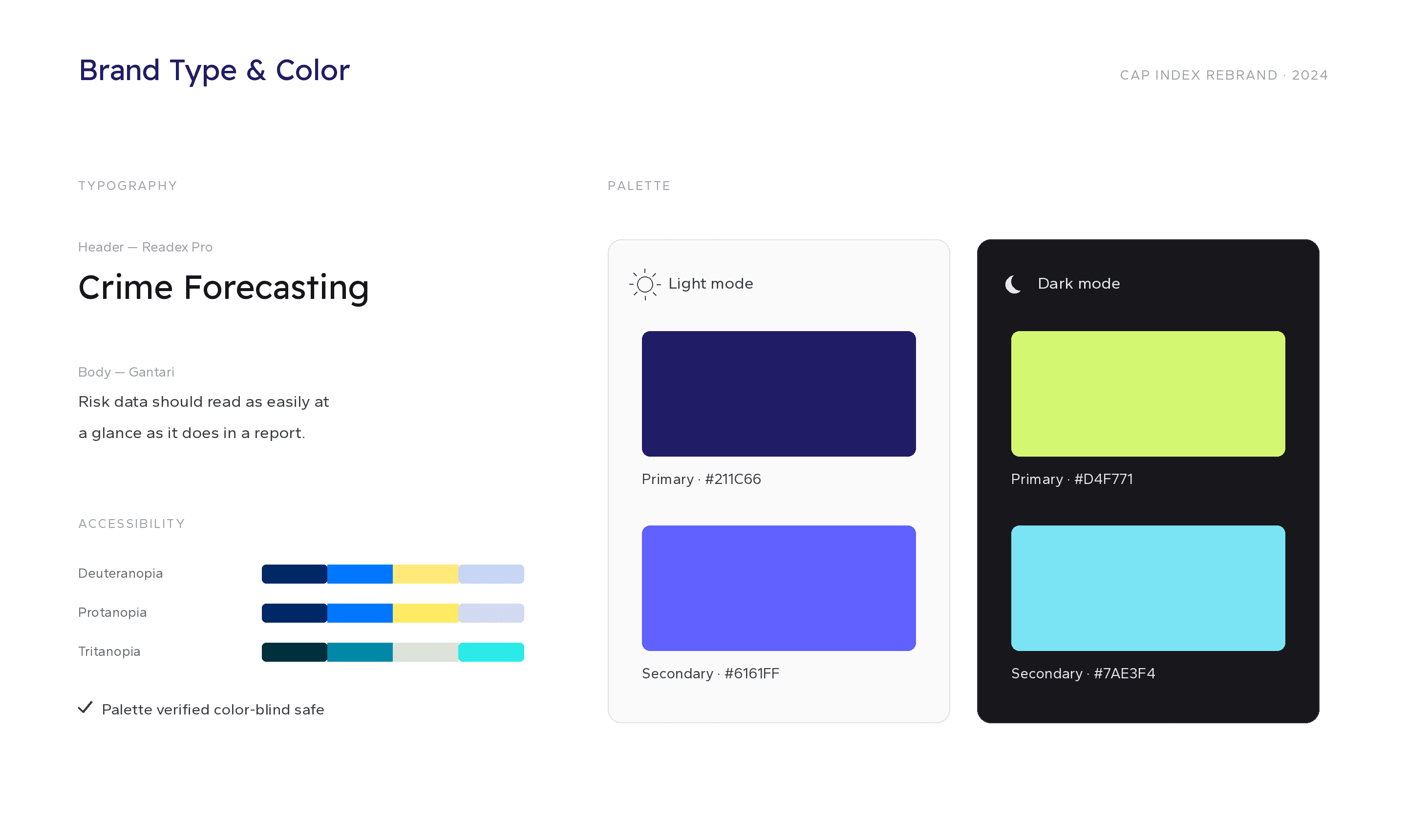 The rebrand's type and color sheet.