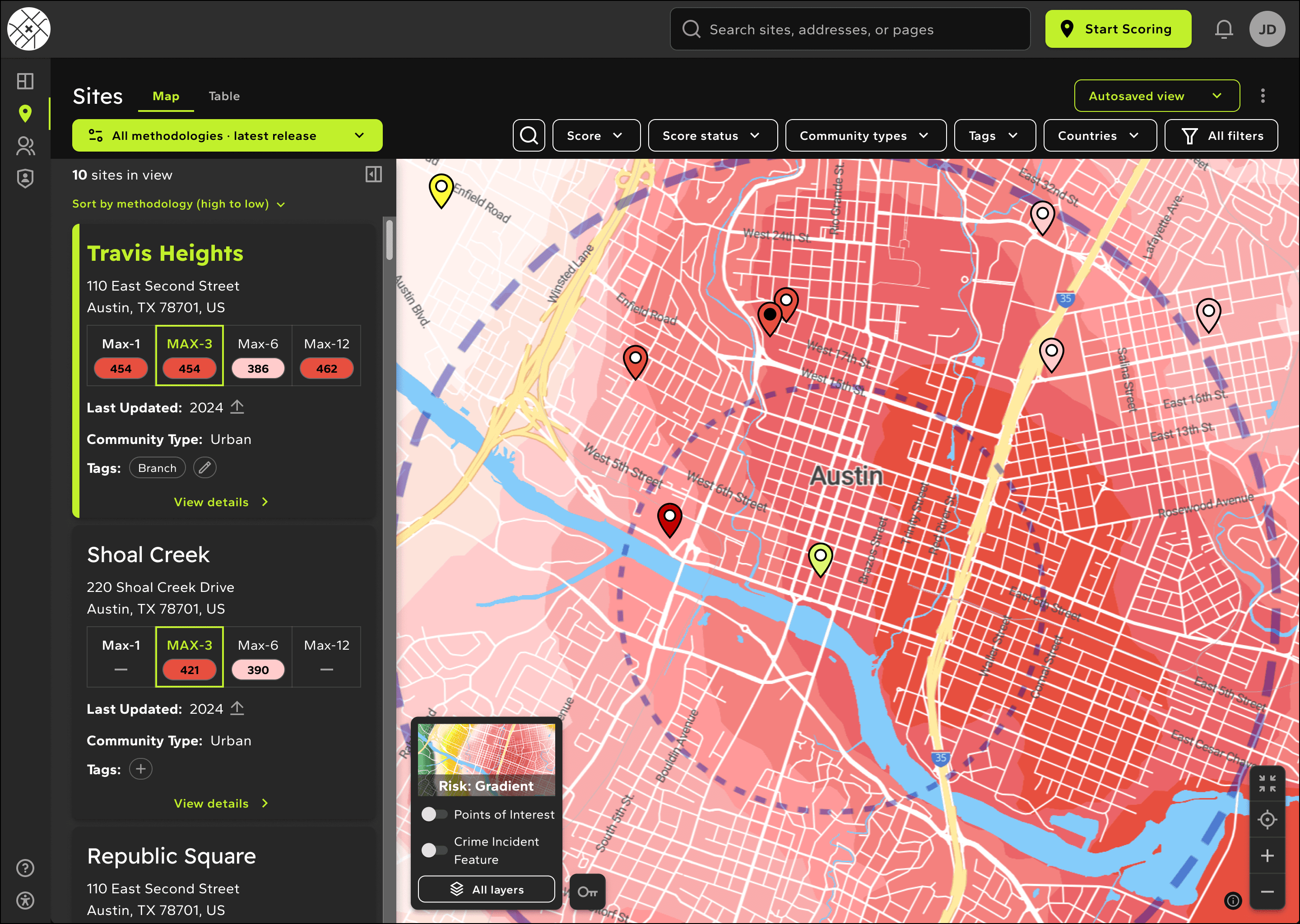 The CRIMECAST platform's Sites map view in dark mode on desktop.