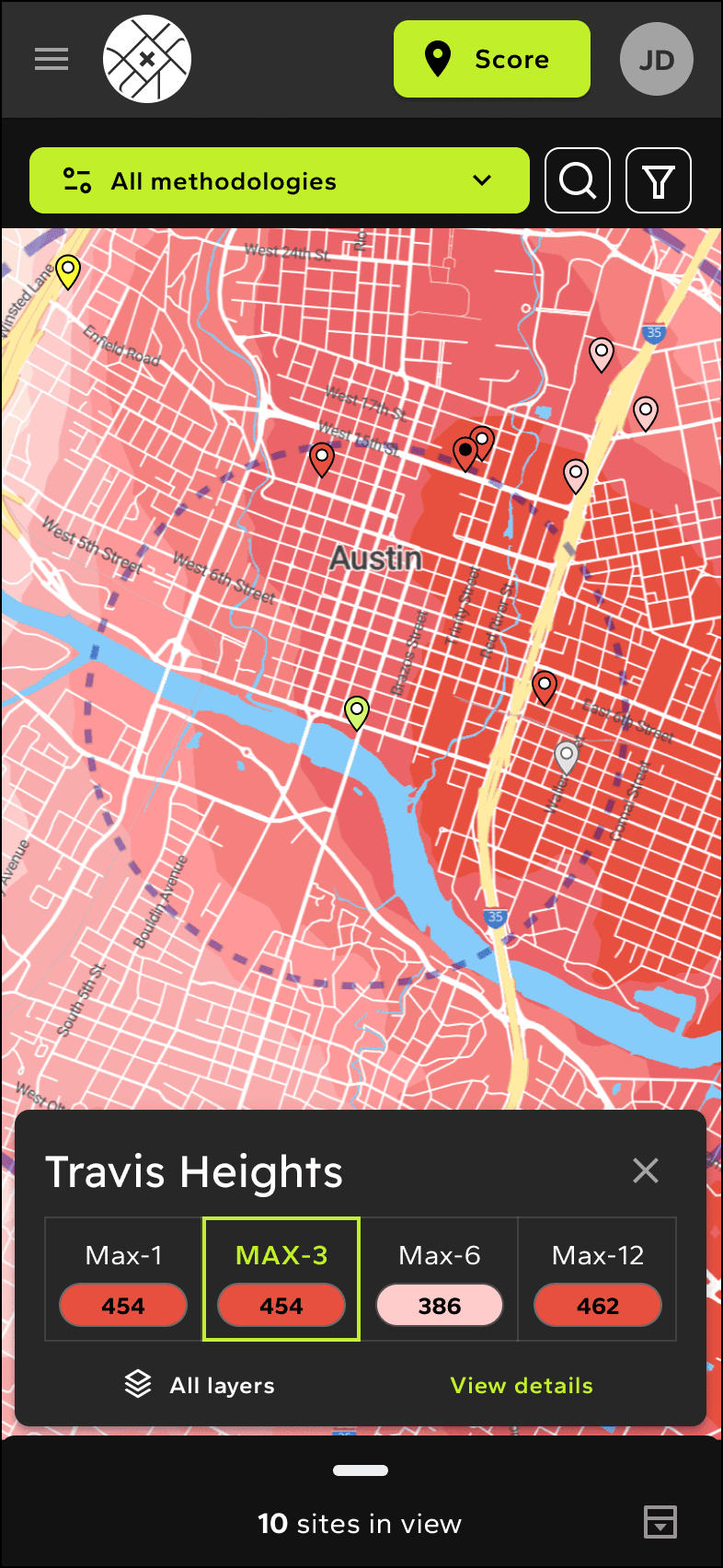 The CRIMECAST platform's Sites map view in dark mode on mobile.