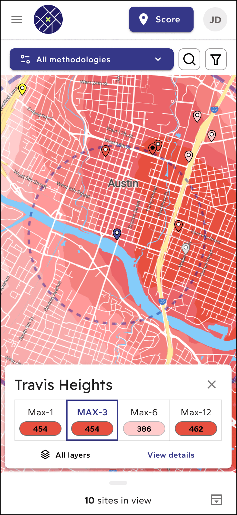 The CRIMECAST platform's Sites map view in light mode on mobile.