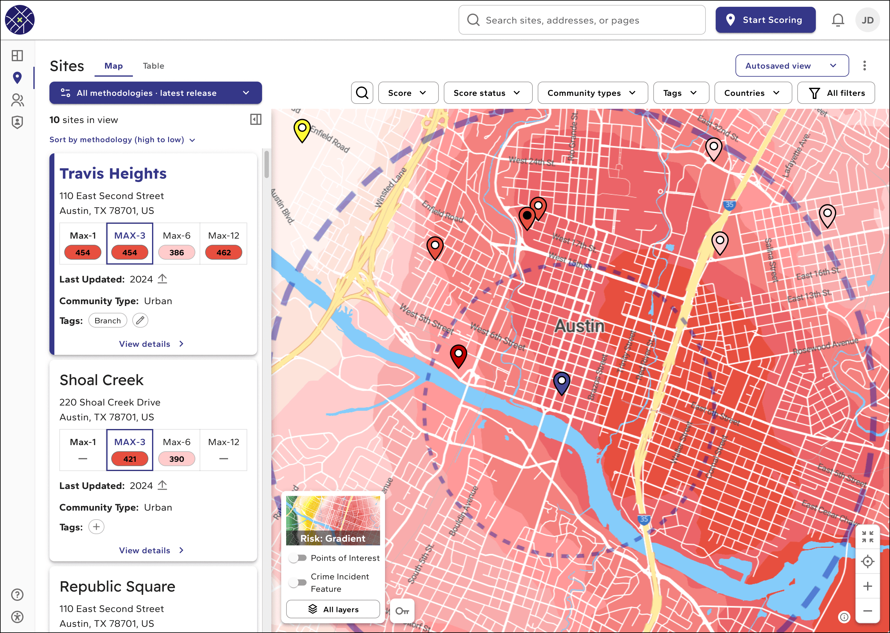 The CRIMECAST platform's Sites map view in light mode on desktop.